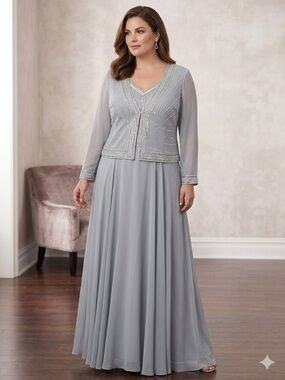 J Kara Elegant Silver-Gray Beaded Evening Gown with Lightweight Jacket Size 16